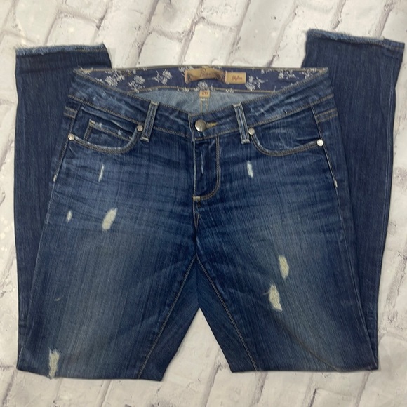 Paige Skyline Jeans Mid-Rise Light Distressing Skinny Straight Dark Wash Denim - Picture 1 of 11